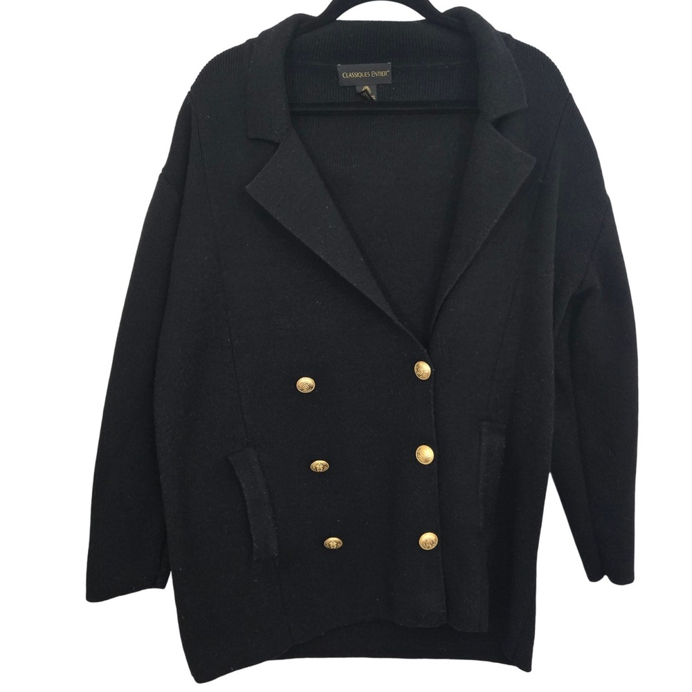 Vintage Classiques Entier Merino Wool Sweater‎ Jacket M Black Gold Button Blazer